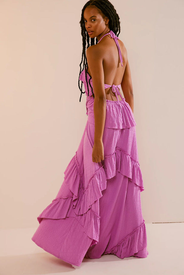 VVZ Women's Halter-Neck Ruffled Maxi Dress