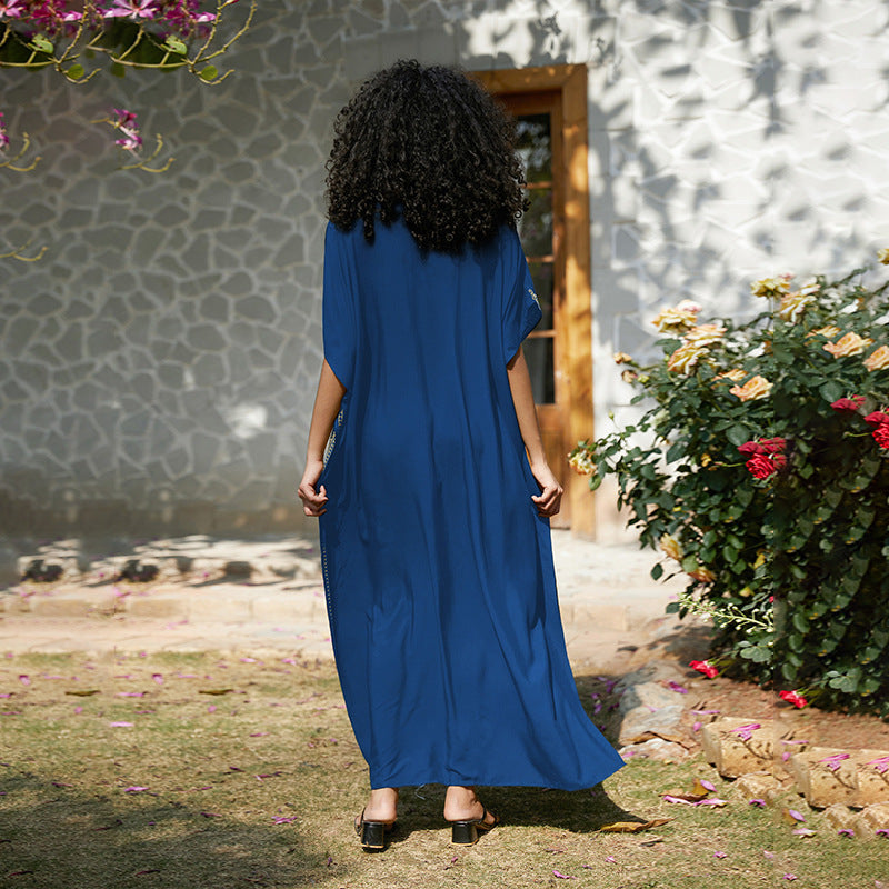 VVZ Elegant Summer V-Neck Half-Sleeve Maxi Dress