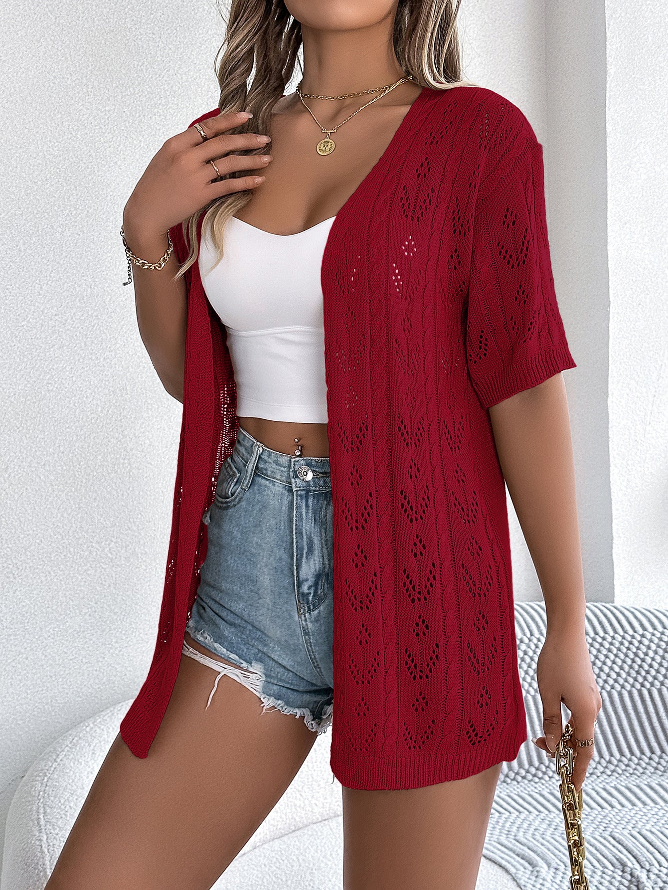 VVZ Women's Solid-Color Open-Knit Sheer V-Neck Drop-Shoulder Slim-Fit Cardigan