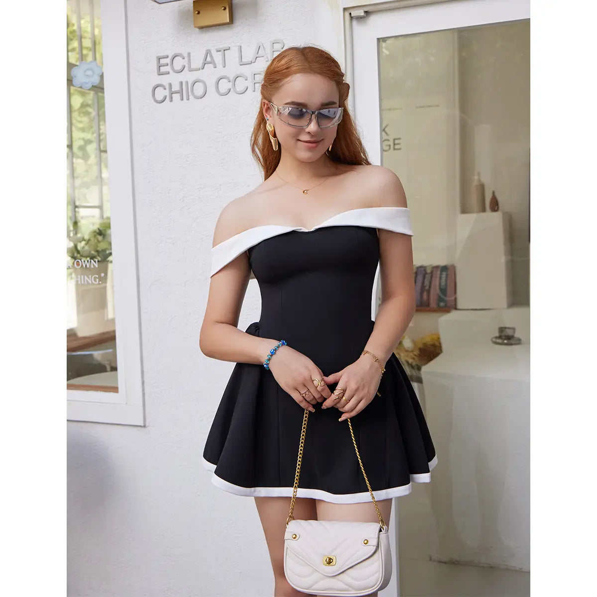 VVZ Women's color-blocked off-shoulder A-line dress
