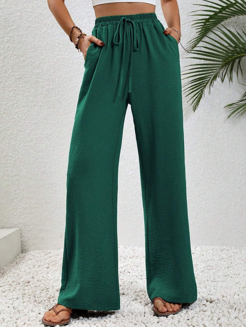 VVZ Women's Solid-Color Straight-Leg Pants with Pockets and Front Tie Closure