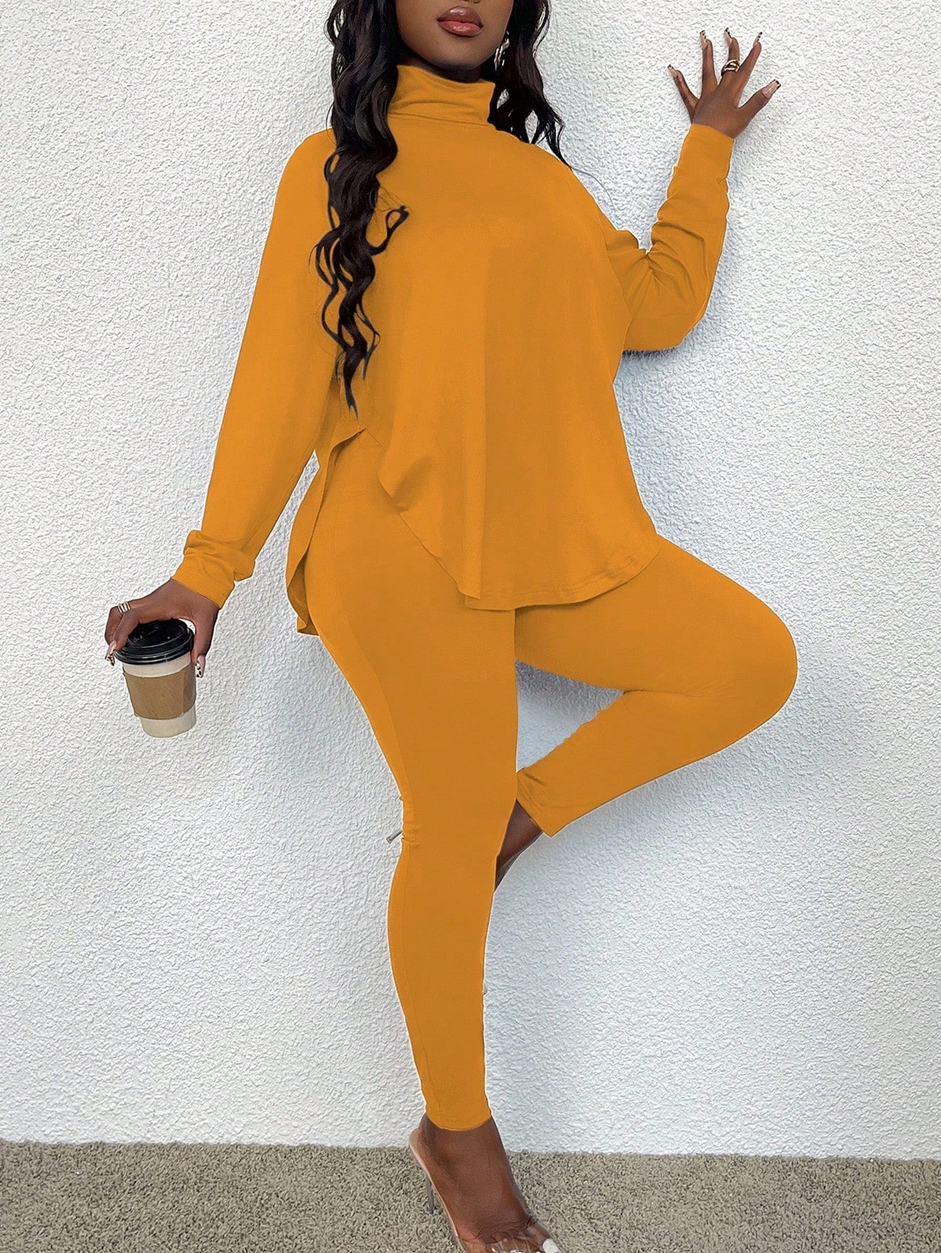 VVZ Women's solid color raglan sleeve top and slim-fit trousers two-piece set