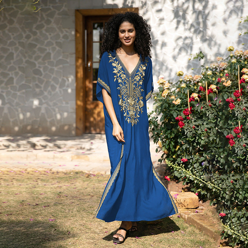 VVZ Elegant Summer V-Neck Half-Sleeve Maxi Dress