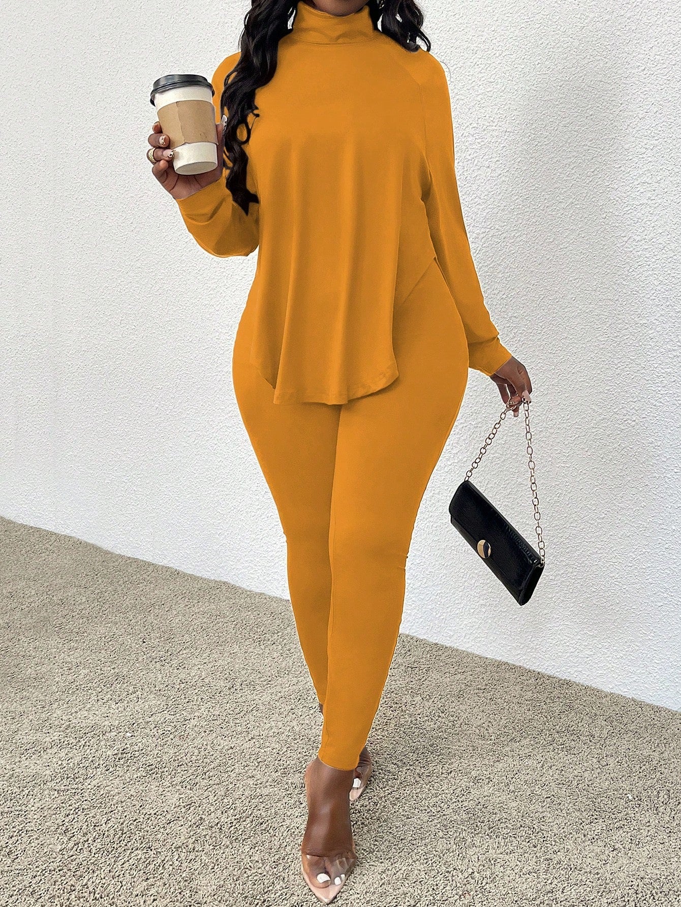 VVZ Women's solid color raglan sleeve top and slim-fit trousers two-piece set