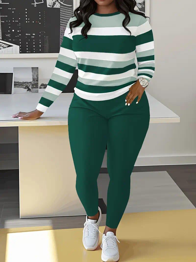 VVZ Color Block Crew Neck Top & Solid Color Pants Set