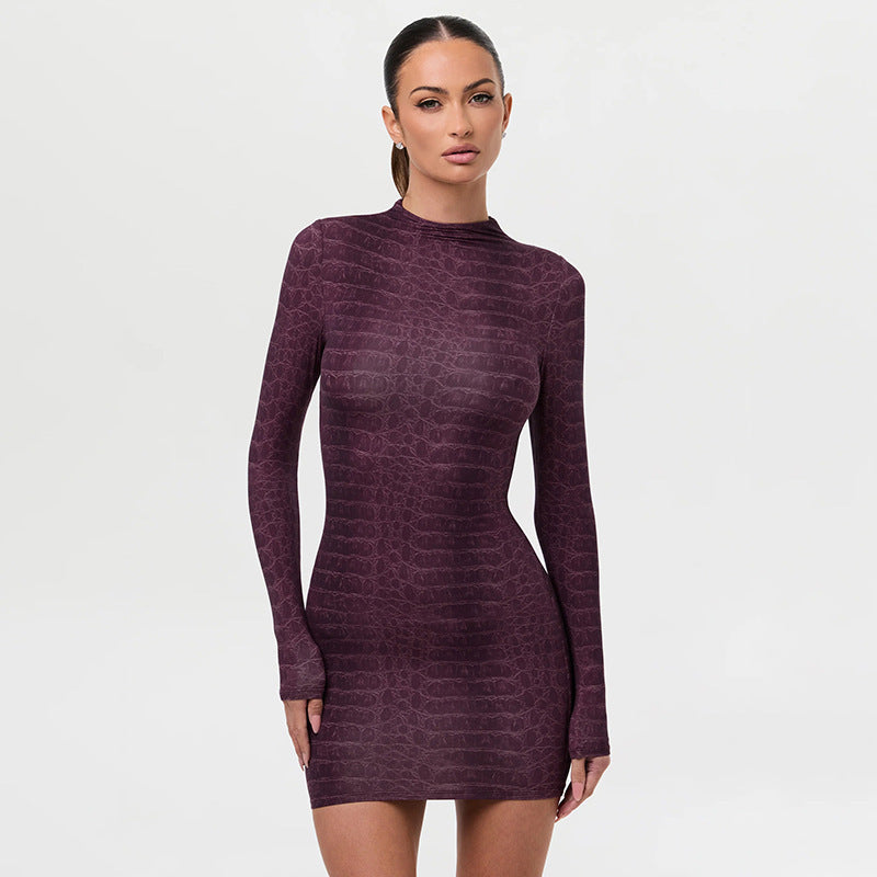 VVZ Women's Fashion Elegant Snake-Print Long-Sleeve Dress