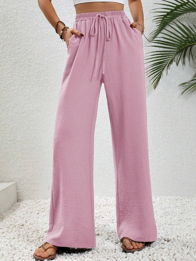 VVZ Women's Solid-Color Straight-Leg Pants with Pockets and Front Tie Closure