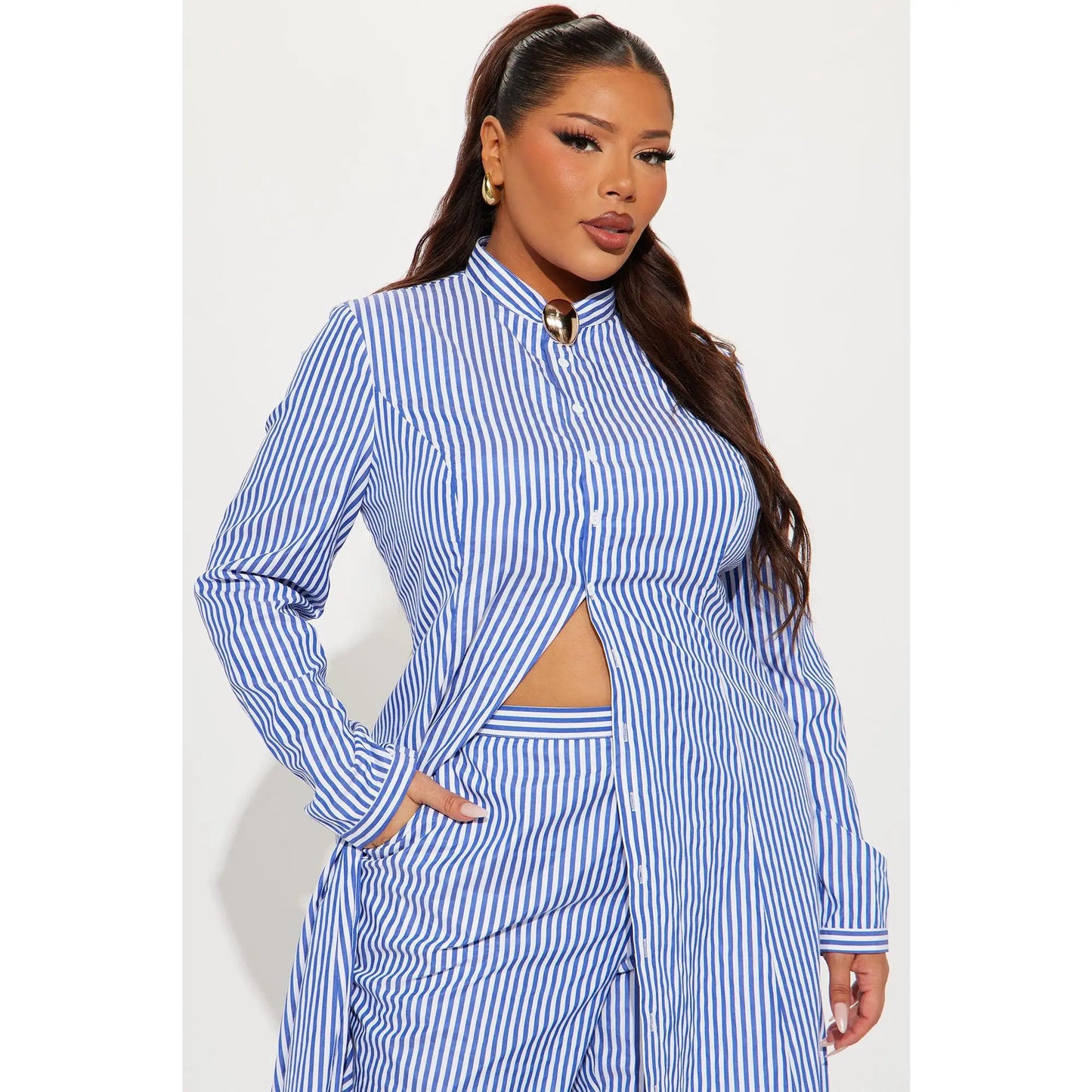 VVZ Elegant Striped Longline Cardigan Shirt & Casual Wide-Leg Trousers