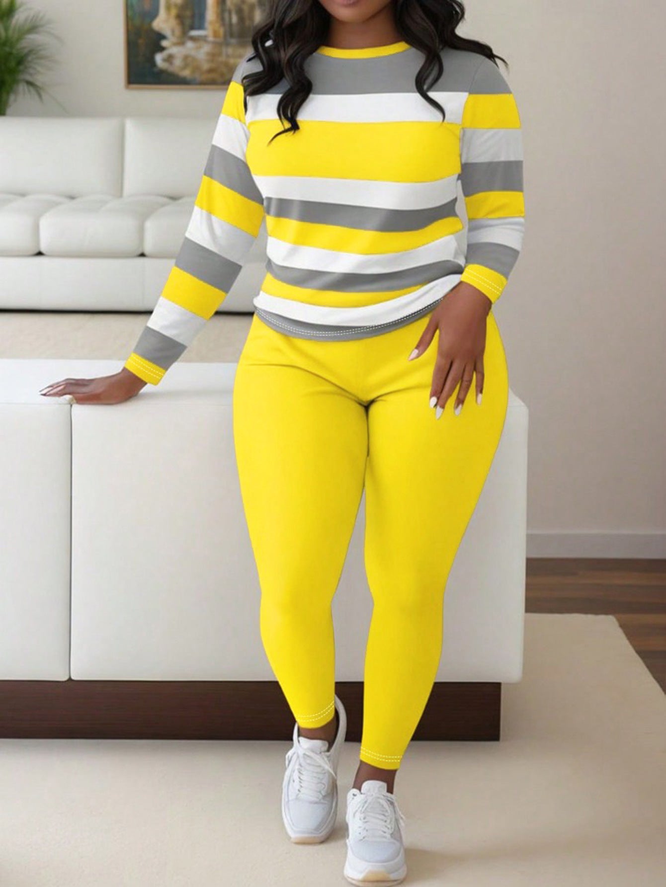 VVZ Color Block Crew Neck Top & Solid Color Pants Set