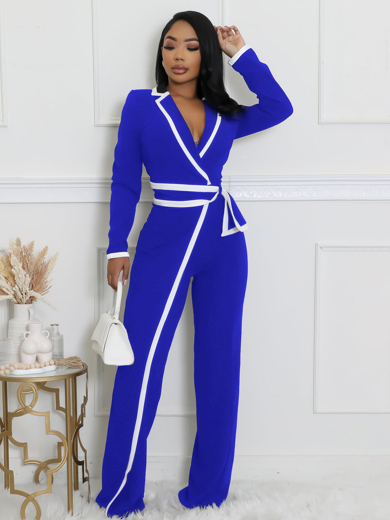 VVZ Women's Color-Block Patchwork Lapel Jumpsuit with Shoulder Pads