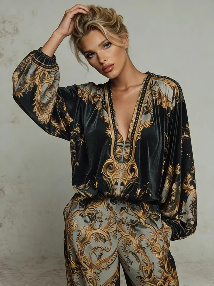 VVZ Deep V-Neck Top and High-Waisted Wide-Leg Pants