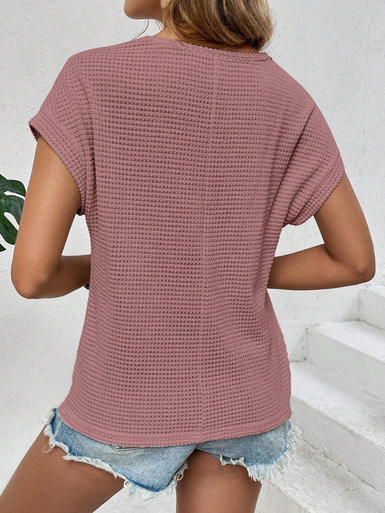 VVZ Crew Neck, Short-Sleeve, Waffle-Knit Openwork Shirt