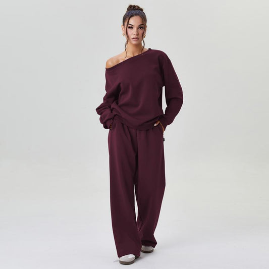 VVZ Women's Leisure Solid Color Sloping Shoulder Trousers Two Piece