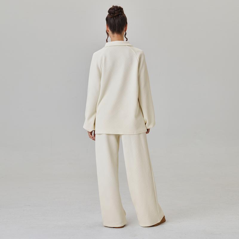 VVZ Women's Slouchy Solid Color V-Neck Loose Textured Pullover & Drawstring Waist Trousers Co-ord