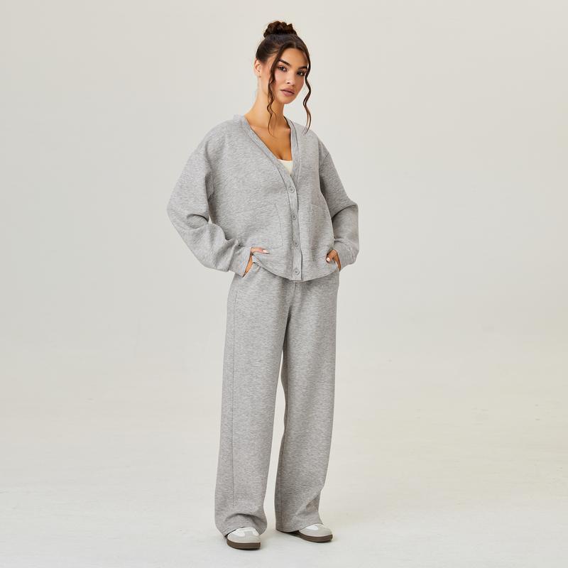 VVZ Women's Slouchy Solid Color V Neck Long Sleeve Button Cardigan & Drawstring Waist  Two Piece