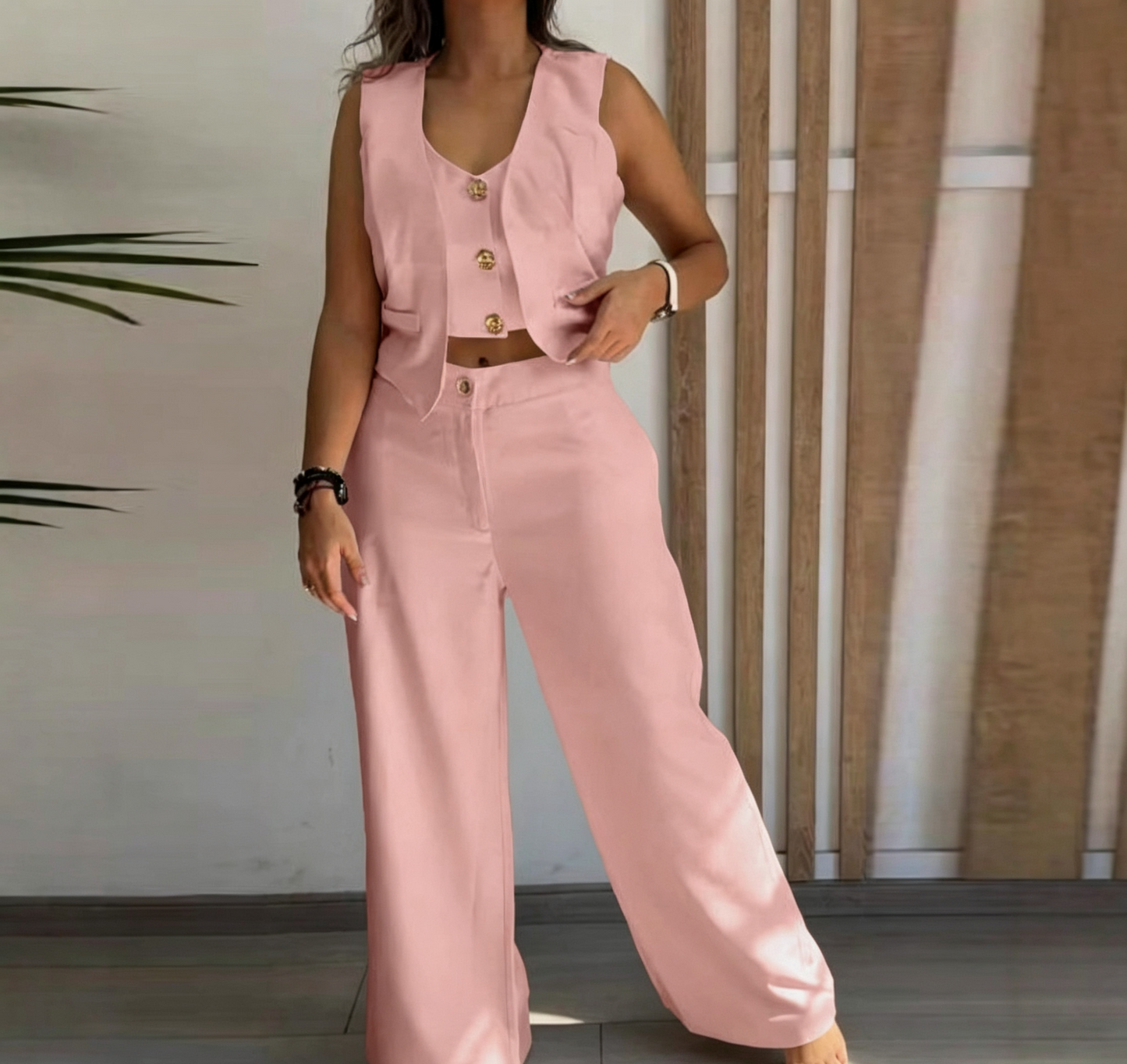 VVZ Button-accented V-neck sleeveless top and solid-color loose trousers set