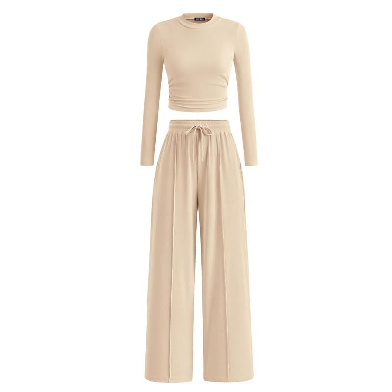 VVZ 2-Piece Ribbed Knit Long Sleeve Crop Top Wide Leg Pants Matching Lounge Set Loungewear