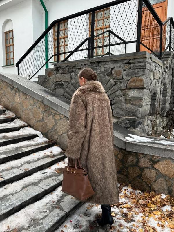 VVZ Women's Solid Color Open Faux Fur Coat, Elegant Long Sleeve Waterfall Collar Outerwear