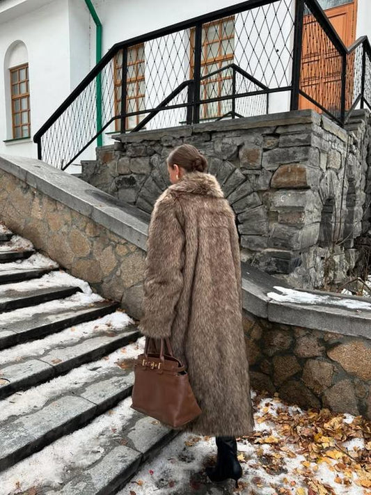 VVZ Women's Solid Color Open Faux Fur Coat, Elegant Long Sleeve Waterfall Collar Outerwear
