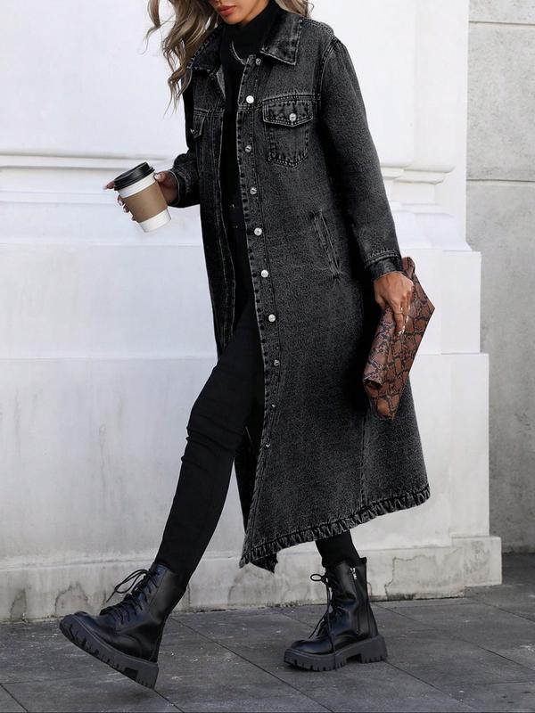 VVZ Women's Button Front Denim Coat, Elegant Casual Long Sleeve Outerwear
