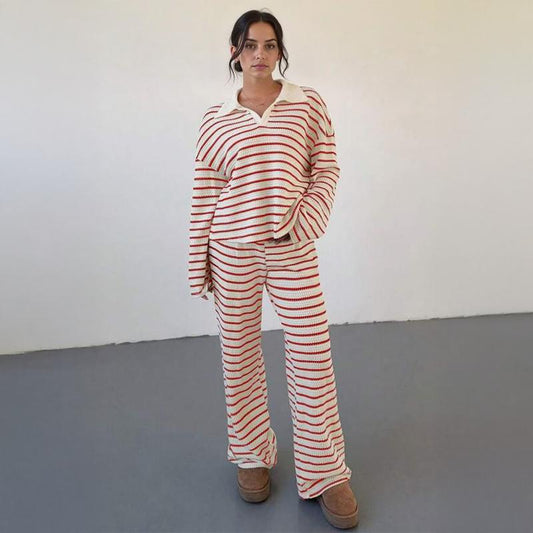 VVZ Women's Casual Color Matching Stripe Long Sleeve Top & Wide Leg Trousers Co-ord