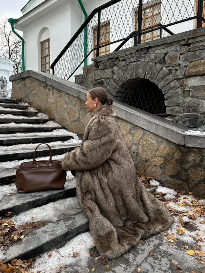 VVZ Women's Solid Color Open Faux Fur Coat, Elegant Long Sleeve Waterfall Collar Outerwear