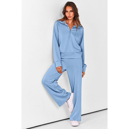VVZ Women's Casual 2-Piece Sweatsuit Set - Half Zip Pullover Sweatshirt & Wide Leg Pants