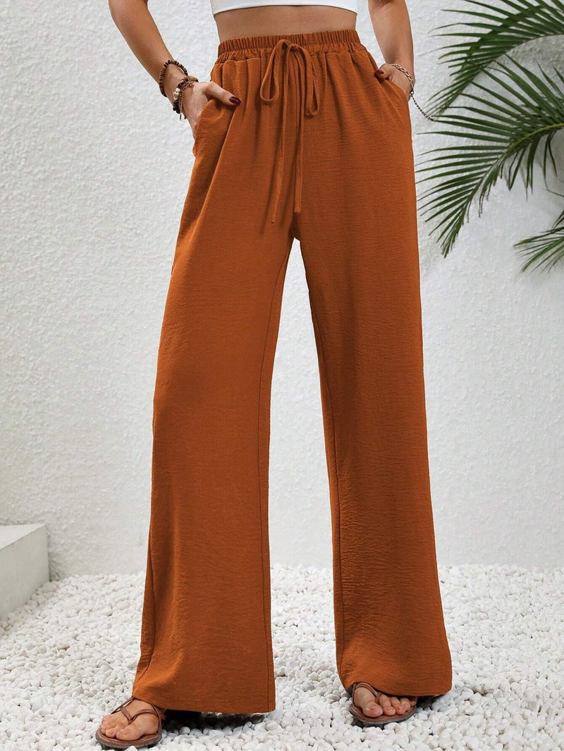 VVZ Women's Solid-Color Straight-Leg Pants with Pockets and Front Tie Closure
