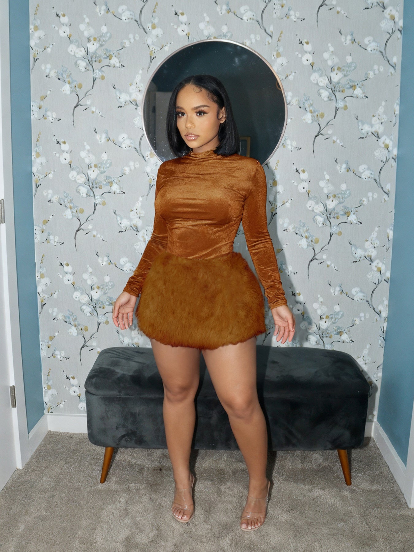 VVZ Women's Fashionable Sexy Slim-Fit Bodysuit & Plush Short Skirt Set