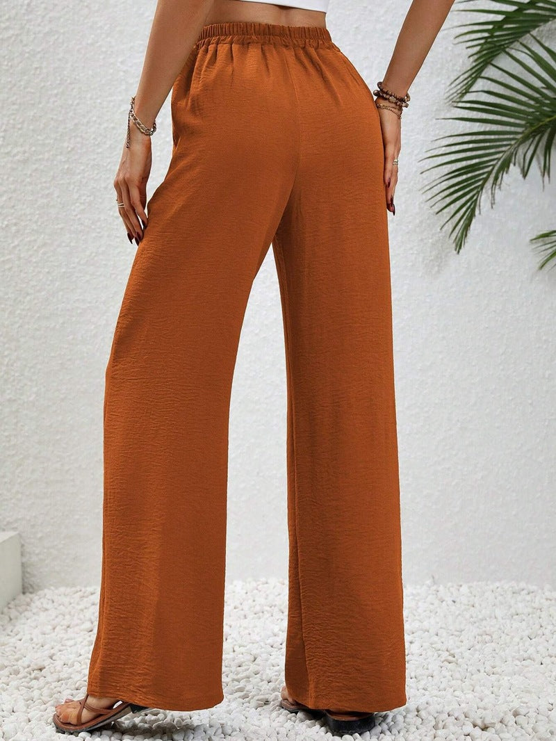 VVZ Women's Solid-Color Straight-Leg Pants with Pockets and Front Tie Closure
