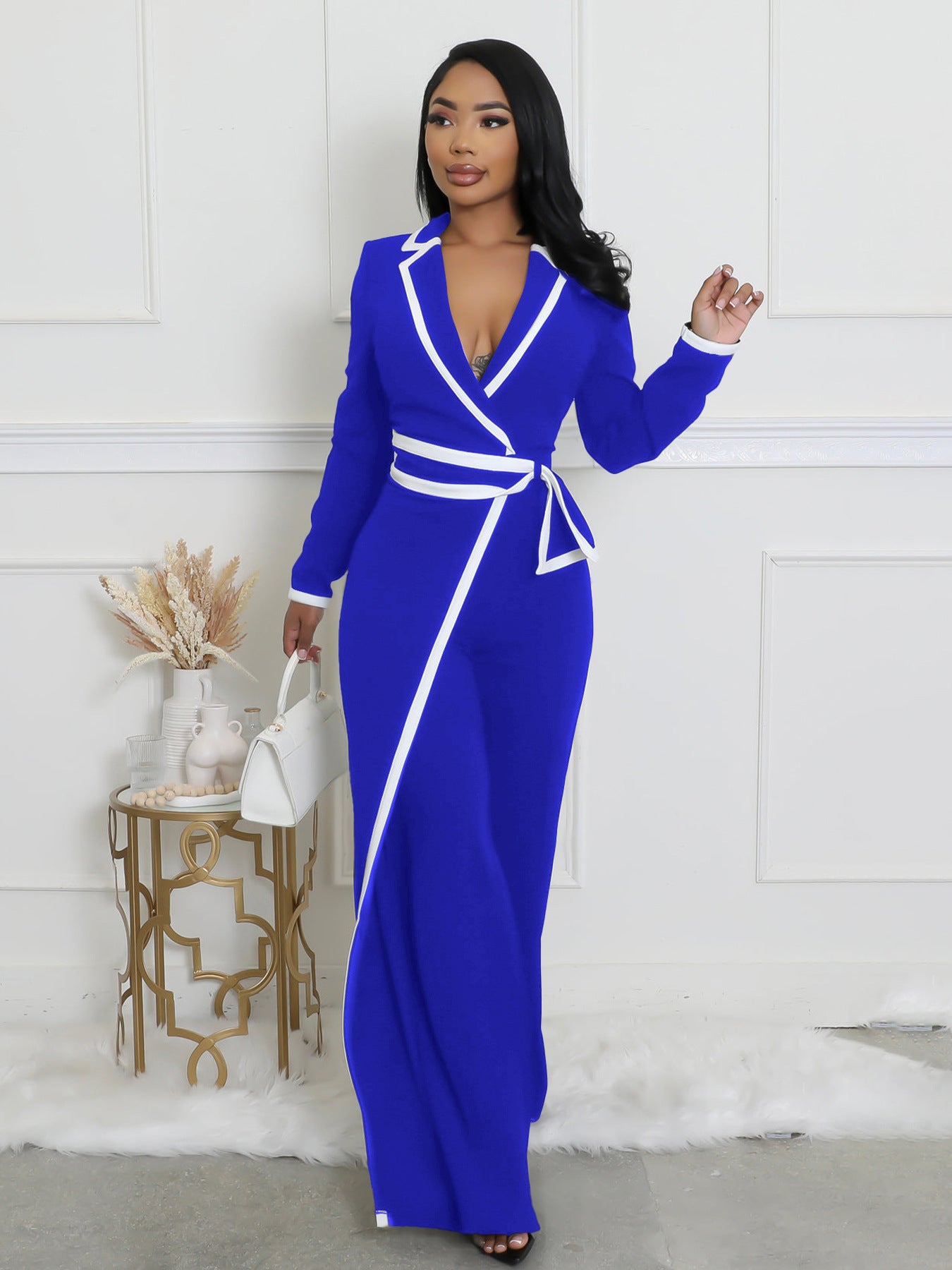 VVZ Women's Color-Block Patchwork Lapel Jumpsuit with Shoulder Pads