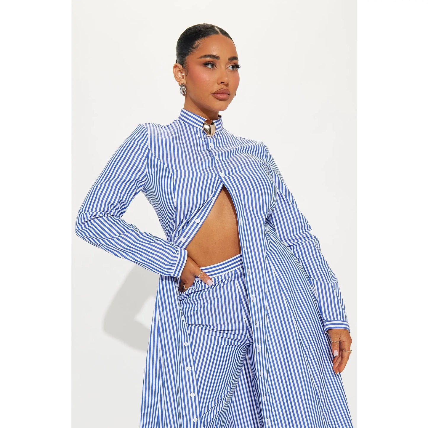 VVZ Elegant Striped Longline Cardigan Shirt & Casual Wide-Leg Trousers
