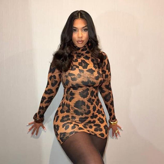 VVZ Women's Fashion Elegant Snake-Print Long-Sleeve Dress