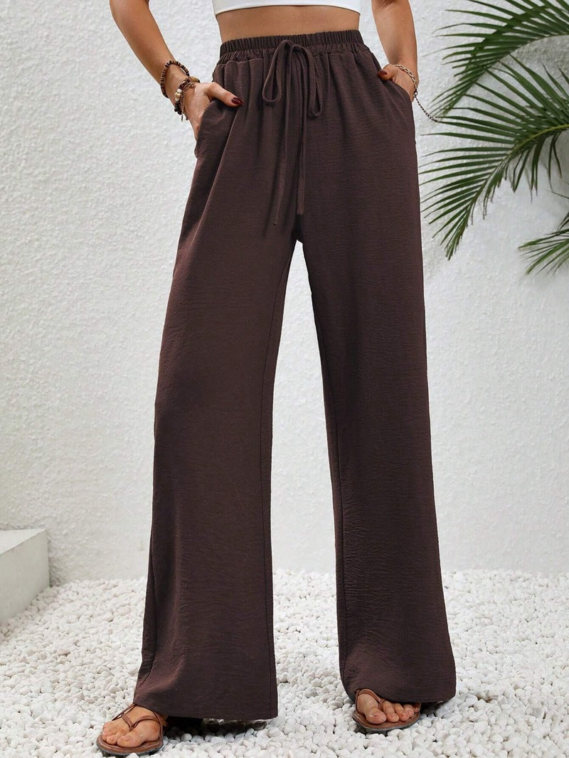 VVZ Women's Solid-Color Straight-Leg Pants with Pockets and Front Tie Closure