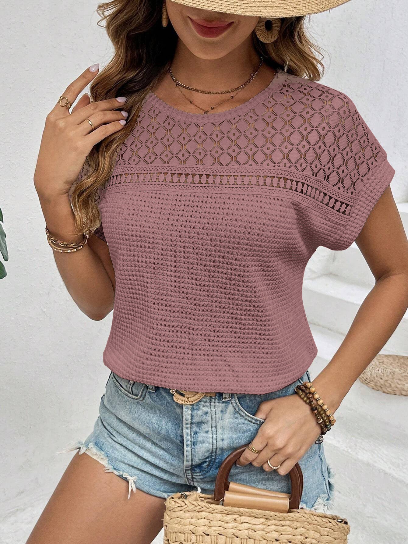 VVZ Crew Neck, Short-Sleeve, Waffle-Knit Openwork Shirt