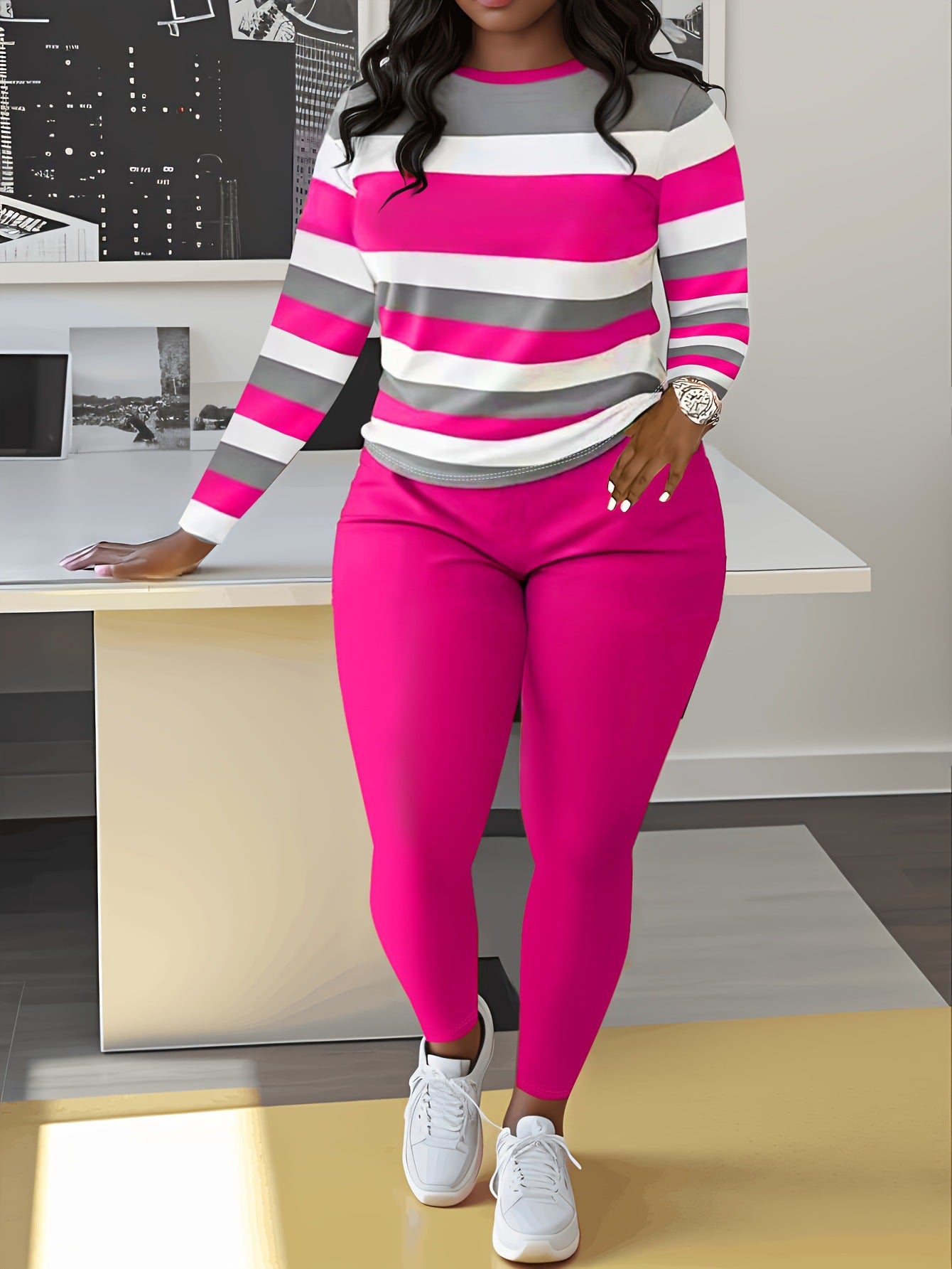 VVZ Color Block Crew Neck Top & Solid Color Pants Set