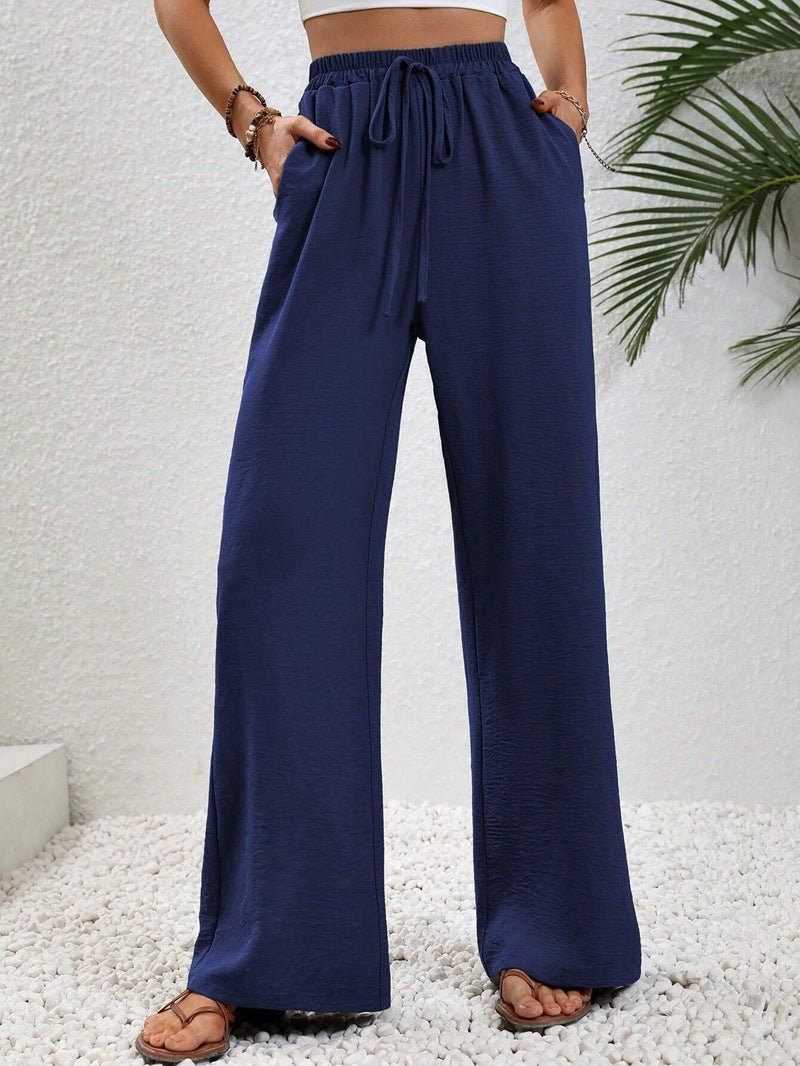 VVZ Women's Solid-Color Straight-Leg Pants with Pockets and Front Tie Closure