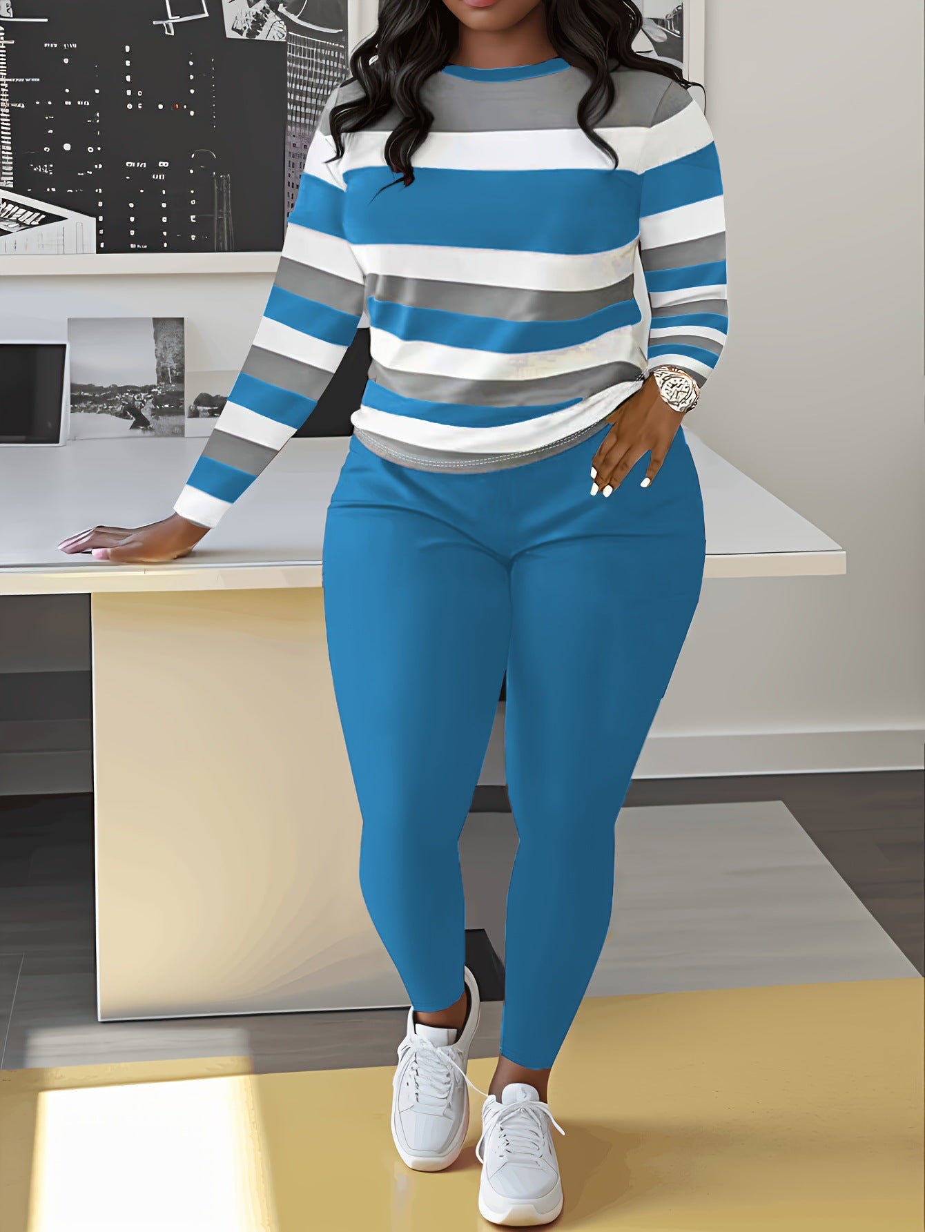 VVZ Color Block Crew Neck Top & Solid Color Pants Set