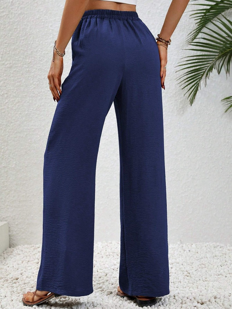 VVZ Women's Solid-Color Straight-Leg Pants with Pockets and Front Tie Closure