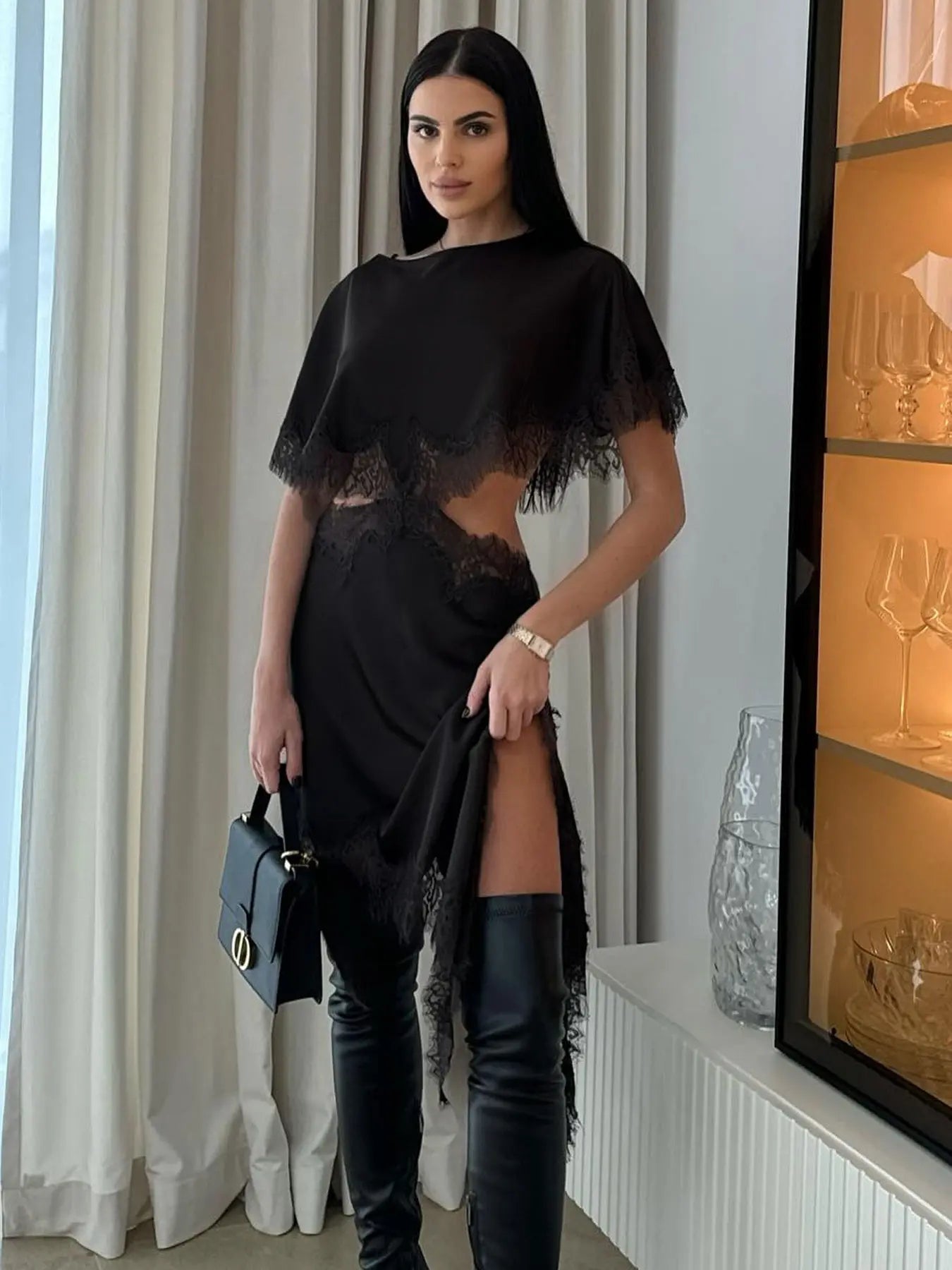 VVZ Lace Mini Dress with Cape Sleeves
