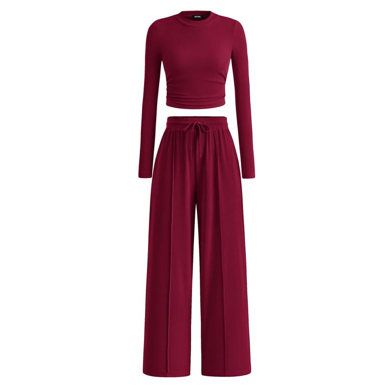 VVZ 2-Piece Ribbed Knit Long Sleeve Crop Top Wide Leg Pants Matching Lounge Set Loungewear