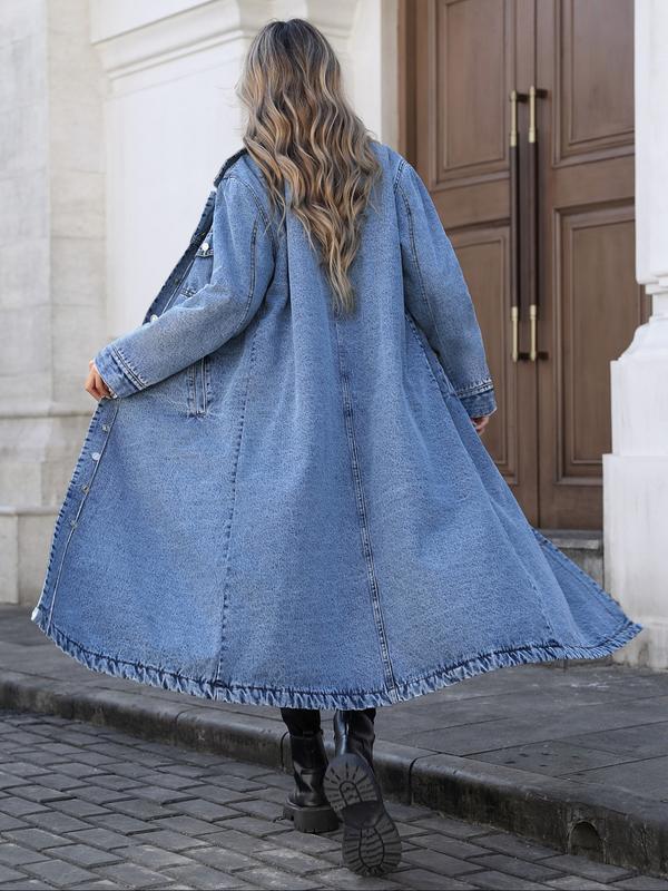 VVZ Women's Button Front Denim Coat, Elegant Casual Long Sleeve Outerwear