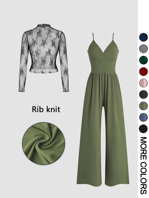 VVZ Women's Solid Color Lace Tee & Pocket Jumpsuit Two-piece Set