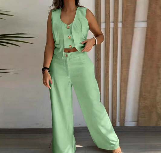 VVZ Button-accented V-neck sleeveless top and solid-color loose trousers set