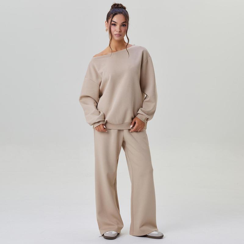 VVZ Women's Leisure Solid Color Sloping Shoulder Trousers Two Piece