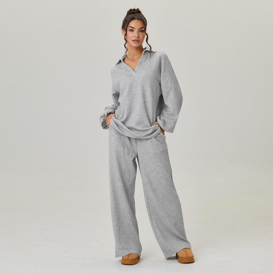VVZ Women's Slouchy Solid Color V-Neck Loose Textured Pullover & Drawstring Waist Trousers Co-ord