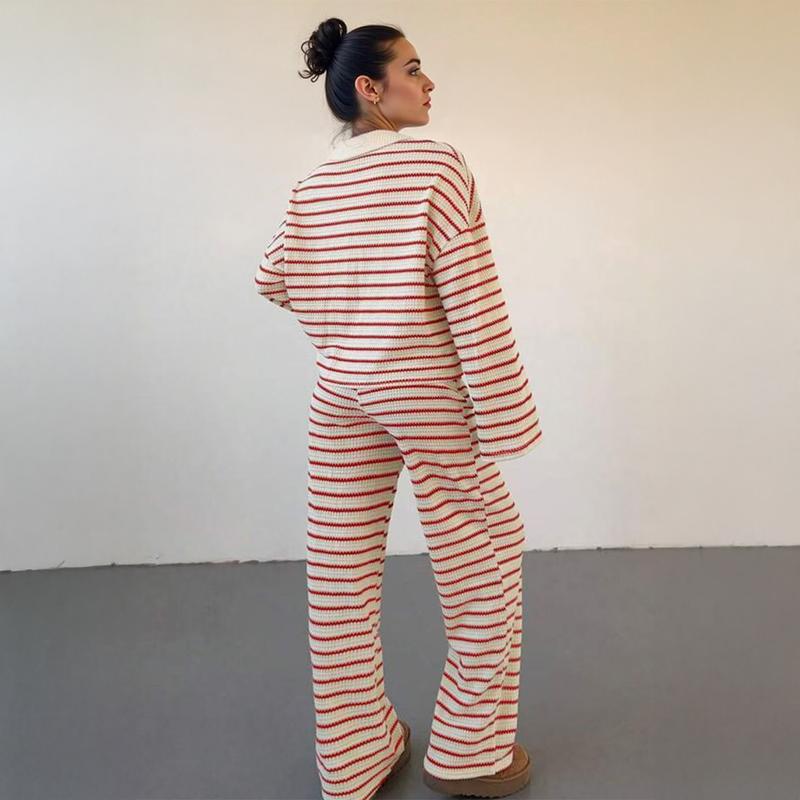 VVZ Women's Casual Color Matching Stripe Long Sleeve Top & Wide Leg Trousers Co-ord