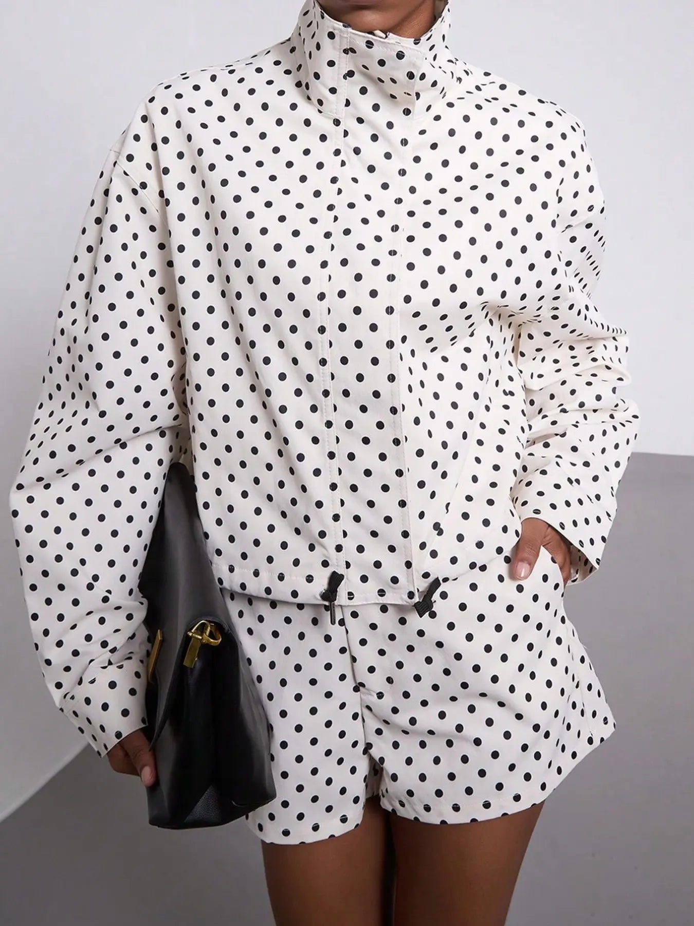 VVZ Retro Polka-Dot Stand-Collar Long-Sleeve Blazer and Shorts Set