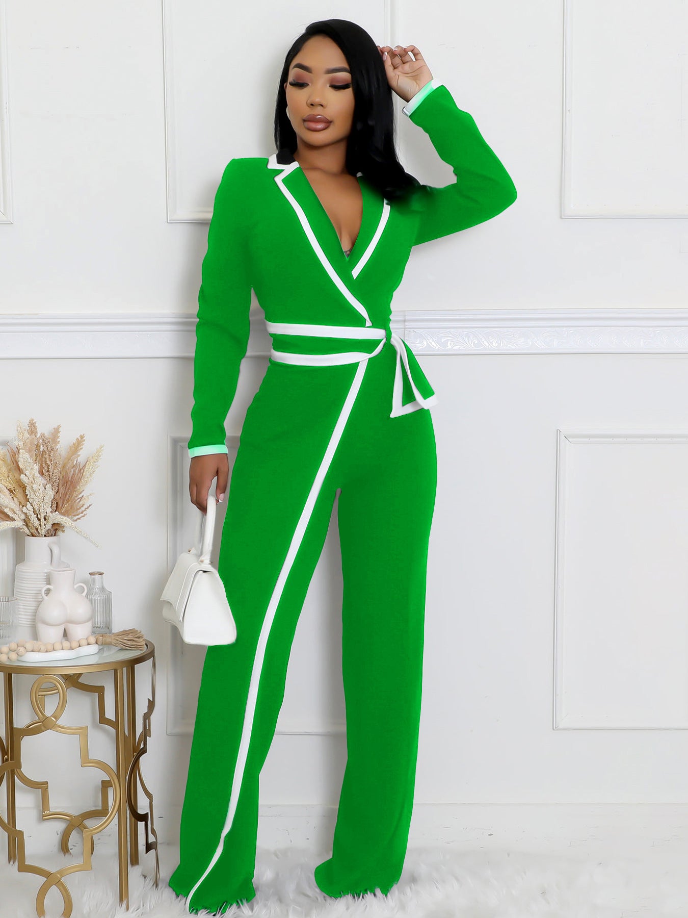 VVZ Women's Color-Block Patchwork Lapel Jumpsuit with Shoulder Pads