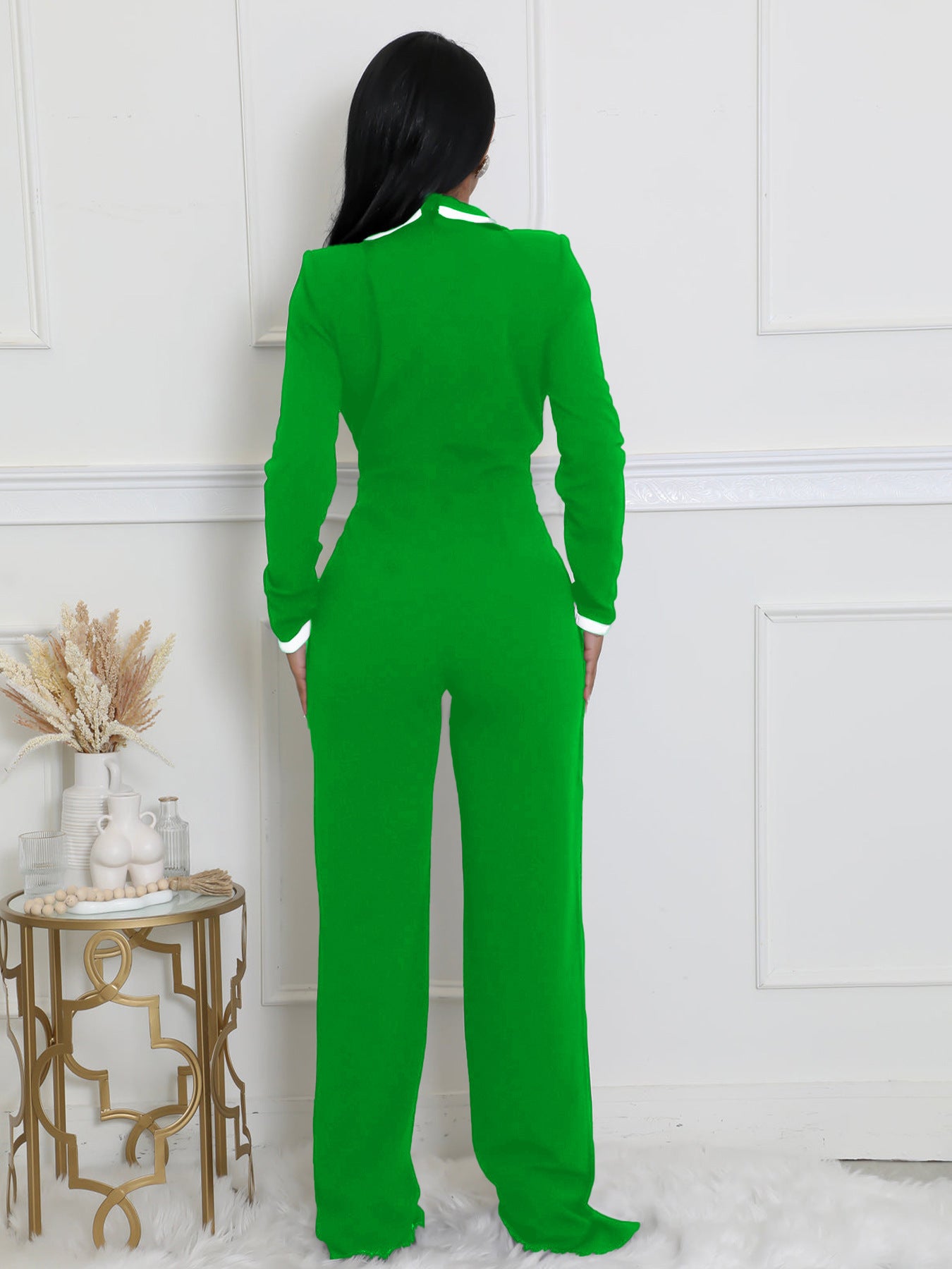 VVZ Women's Color-Block Patchwork Lapel Jumpsuit with Shoulder Pads